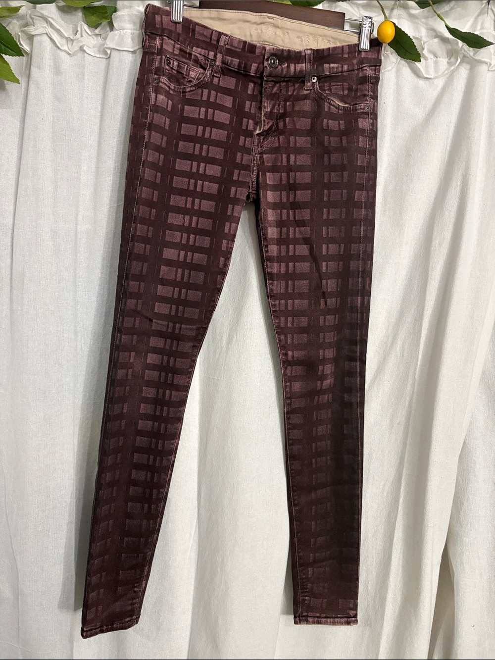 7 For All Mankind Plaid Laser Wax Coated Skinny Jeans Burgundy Size 30